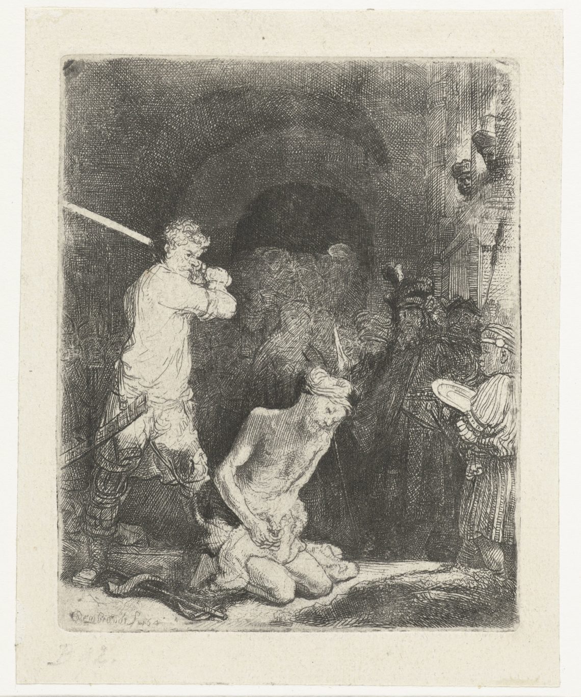 Foto van ets 'De onthoofding van Johannes de Doper' door Rembrandt van Rijn.