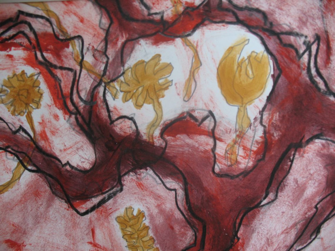 Tekening van bloemen in rood en geel, door Folly Hemrica.