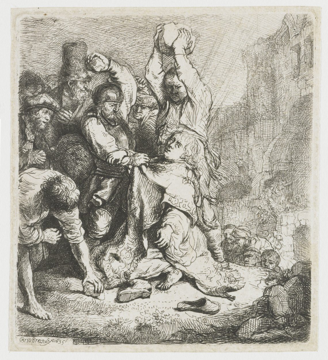 Rembrandt. De overspelige vrouw, ets 1635. Rijksmuseum Amsterdam.