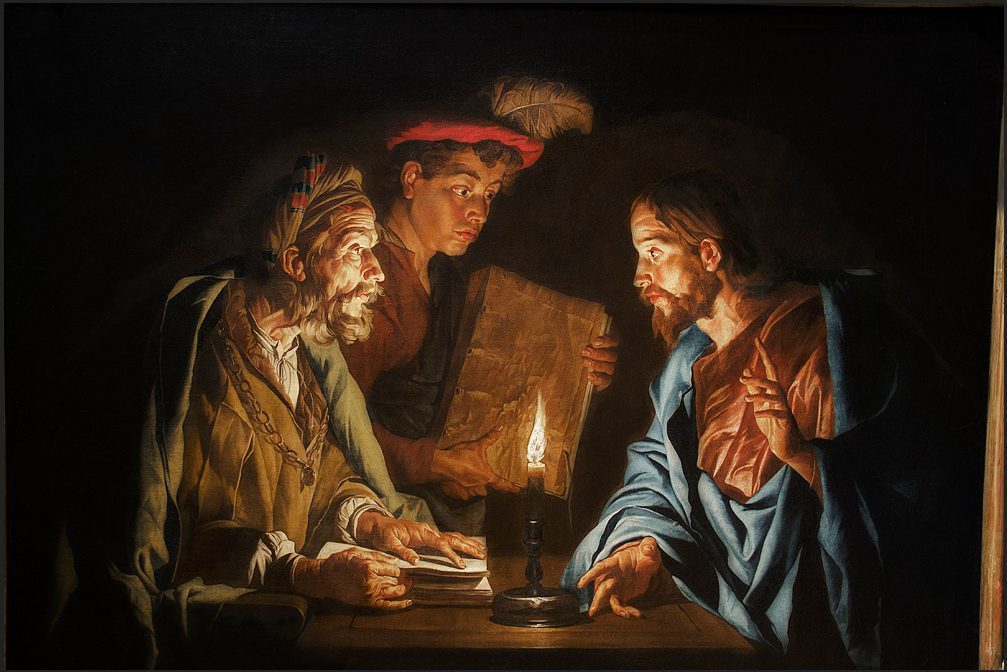 Schilderij 'Jezus en Nicodemus' van Matthias Stom, omstreeks 1645. Hessisches Landesmuseum Darmstadt.