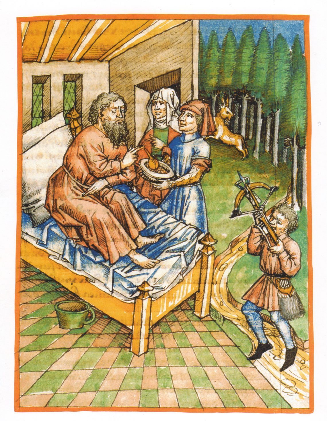 Tekening Isaak zegent Jakob in plaats van Ezau. History Bible, Urach (Swabia) 1463. Fol. 42r.