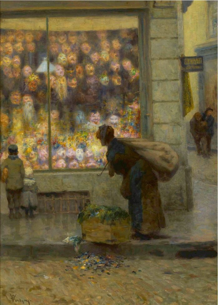 Schilderij van Eugène Verdyen, 'De maskerwinkel', 1876. Koninklijke Musea voor Schone Kunsten van België, Brussel.