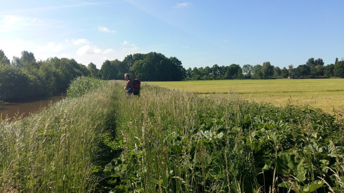 Een man die aan het wandelen is door de natuur 