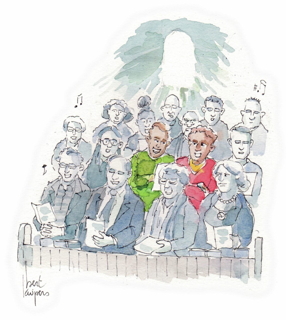 Illustratie met mensen die aan het zingen zijn in de kerk met in het midden twee mannen die naar elkaar lachen.