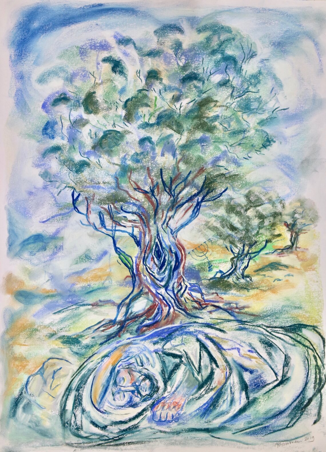 Schilderij van een olijvenboom, gemaakt door Shoashannah Brombacher