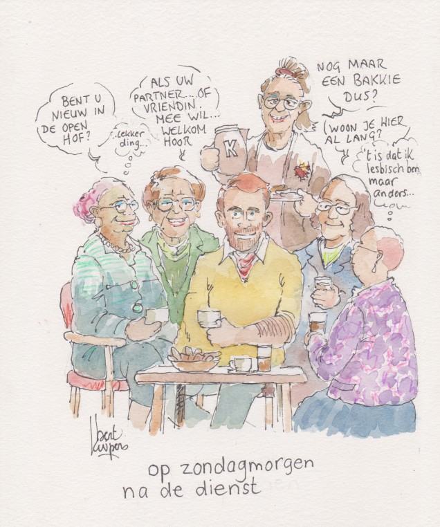 Illustratie van een man die aan tafel zit koffie te drinken met een aantal vrouwen.