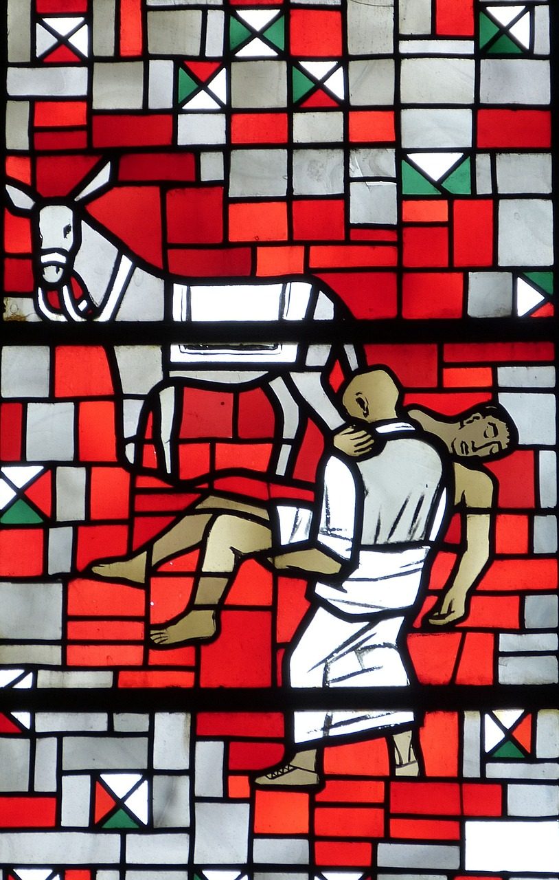 Glas-in-loodraam. De barmhartige Samaritaan.